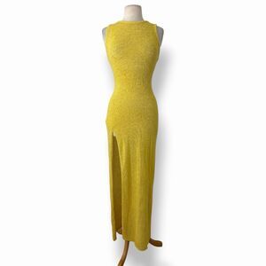 NWT SABO Alondra Knit Maxi Dress M US 6 Yellow Split Leg Crochet Beach Cover Up